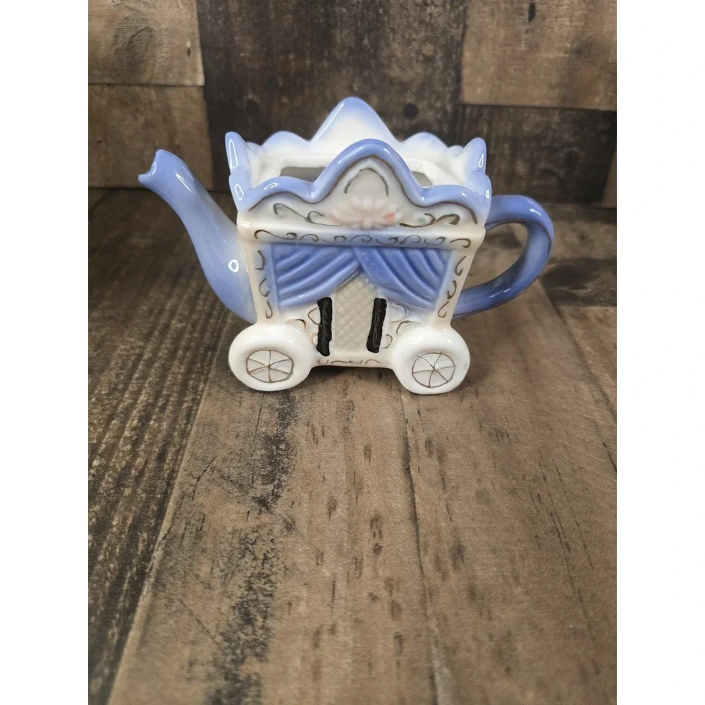 Miniature Ceramic Royal Carriage Teapot Blue White Gold Fairy Tale Decor 4.5in